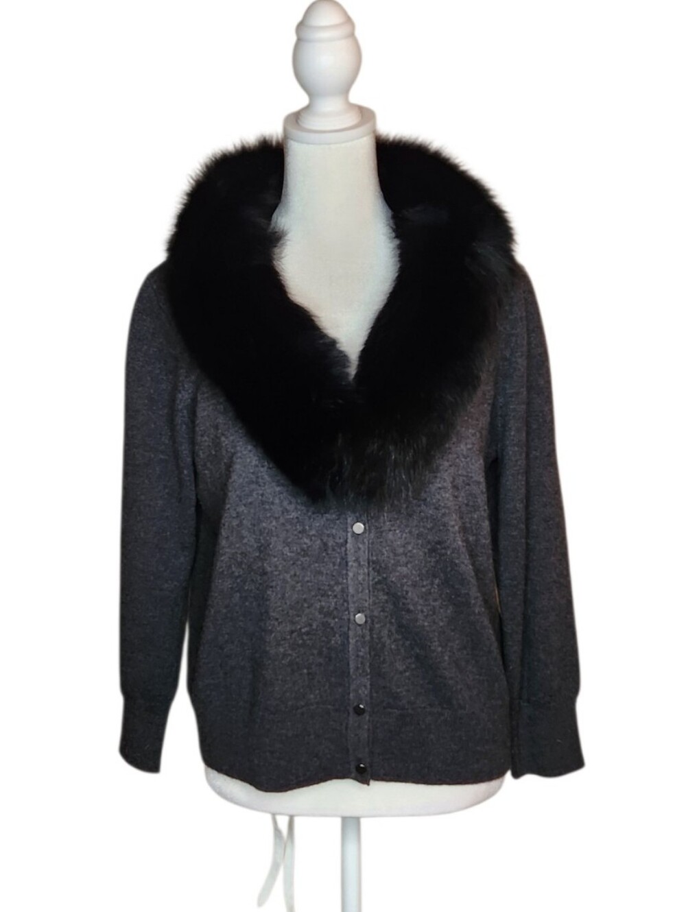 Milly Charcoal Gray 100% Merino Wool Cardigan with Genuine Fox Fur Collar M